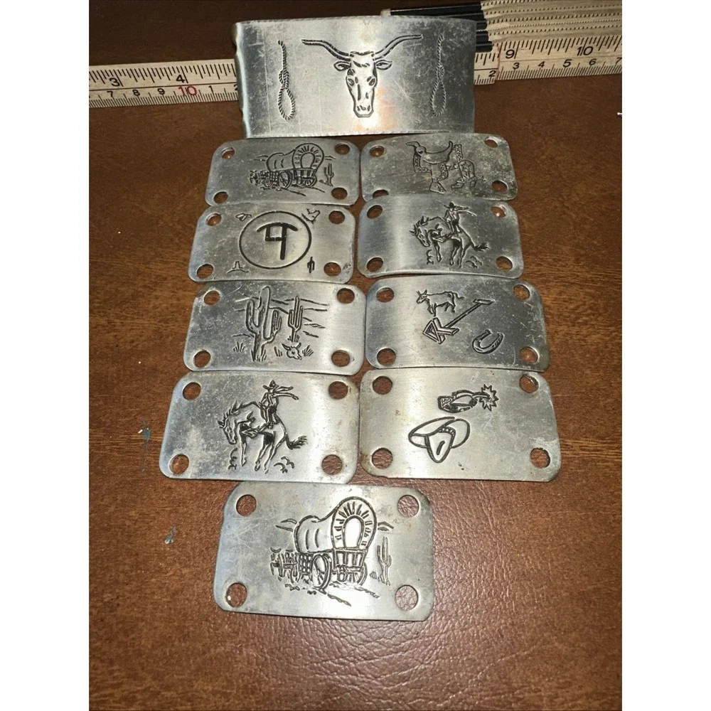 Western Vintage Aluminum Belt Buckle and 9 Bars For Conchos